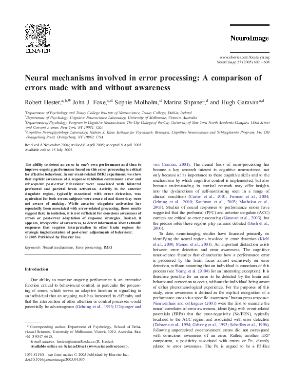 (PDF) Neural Mechanisms Involved In Error Processing: a Comparison of ...