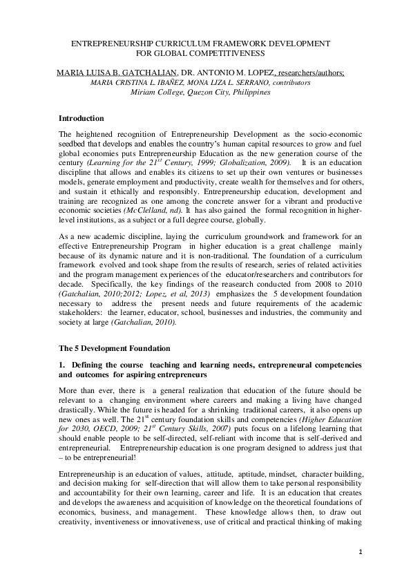 (DOC) ENTREPRENEURSHIP CURRICULUM FRAMEWORK DEVELOPMENT FOR GLOBAL ...