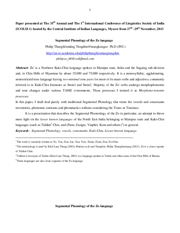 (PDF) Segmental Phonology of the Zo language