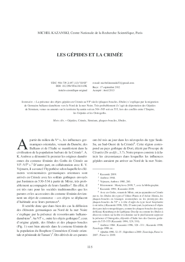(PDF) M/ Kazanski, Les Gépides et la Crimée. Starinar 63, 2013, p. 115-130.