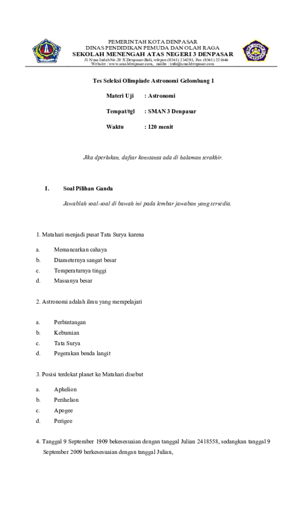 Doc Tes Seleksi Olimpiade Astronomi Gelombang 1 Mrblack Mrblack Academia Edu