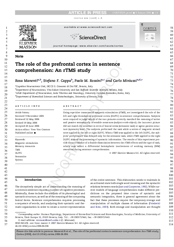 (PDF) The Role of the Prefrontal Cortex In Sentence Comprehension: An ...