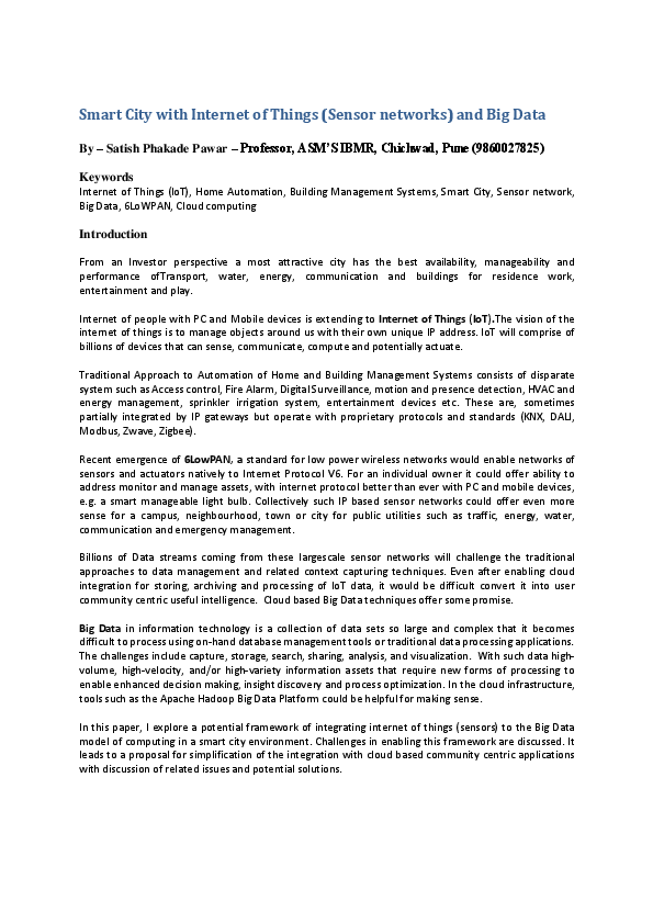 (PDF) Smart City with Internet of Things (Sensor networks) and Big Data