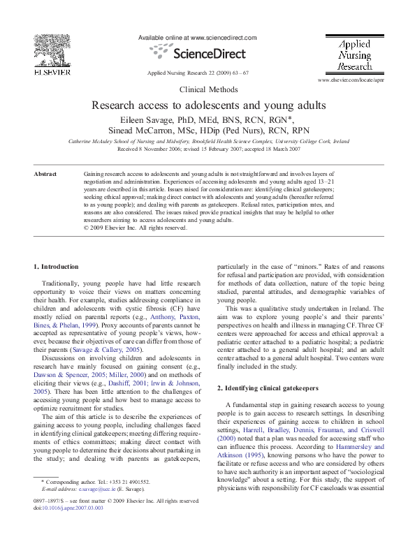 (PDF) Research access to adolescents and young adults.