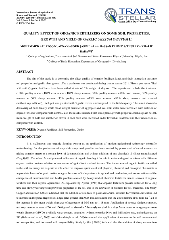 (PDF) Quality Effect of Organic Fertilizers on Some Soil Properties