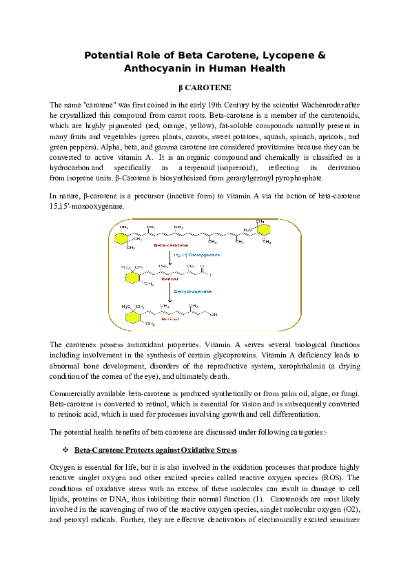 (DOC) Potential Role of Beta Carotene, Lycopene & Anthocyanin in Human