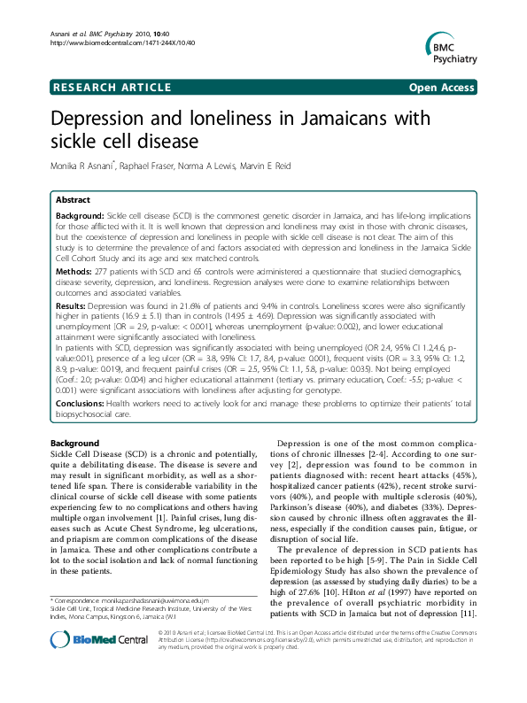 (PDF) Depression and loneliness in Jamaicans with sickle cell disease