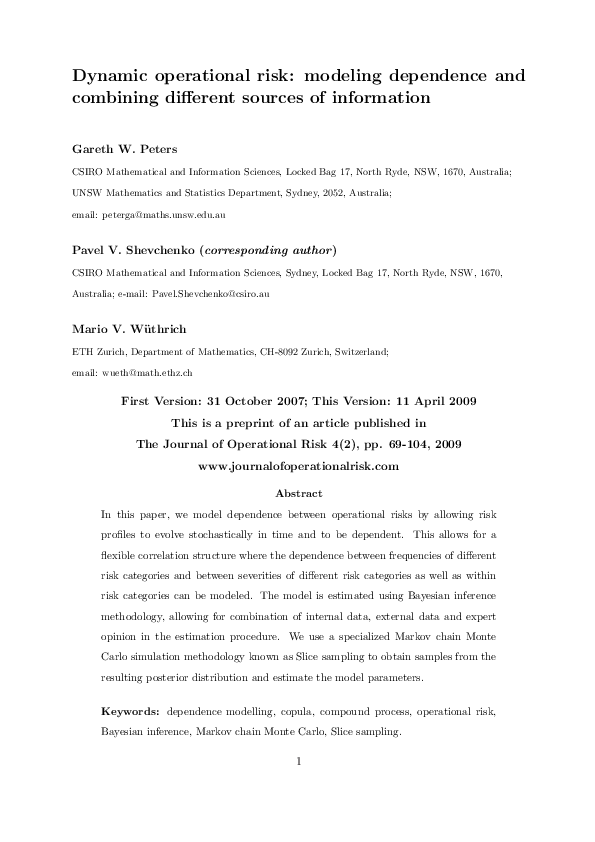 (PDF) Dynamic operational risk: modeling dependence and combining ...