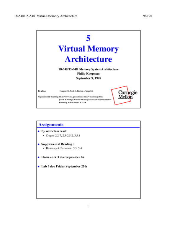 (PDF) 8548/15548 Virtual Memory Architecture 5 Virtual Memory Architecture 18548/15548