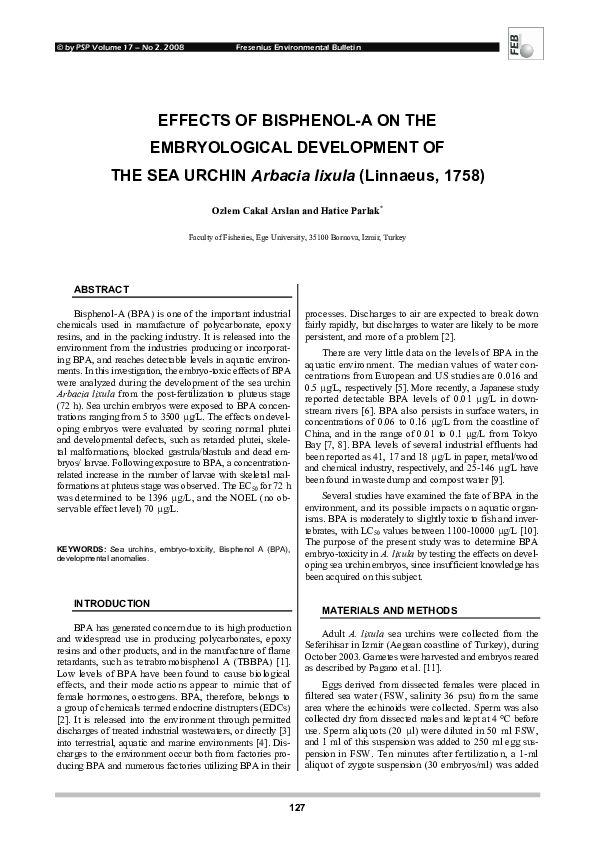 (PDF) EFFECTS OF BISPHENOL-A ON THE EMBRYOLOGICAL DEVELOPMENT OF THE ...