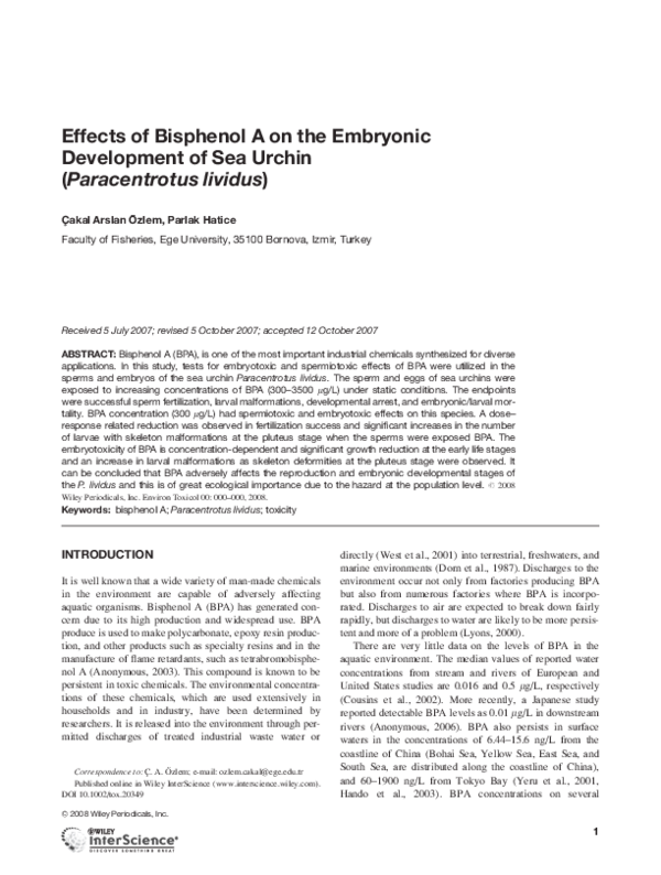(PDF) Effects of Bisphenol A on the Embryonic Development of Sea Urchin ...