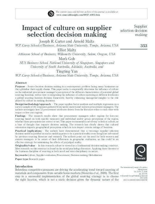 (PDF) Impact of culture on supplier selection decision making