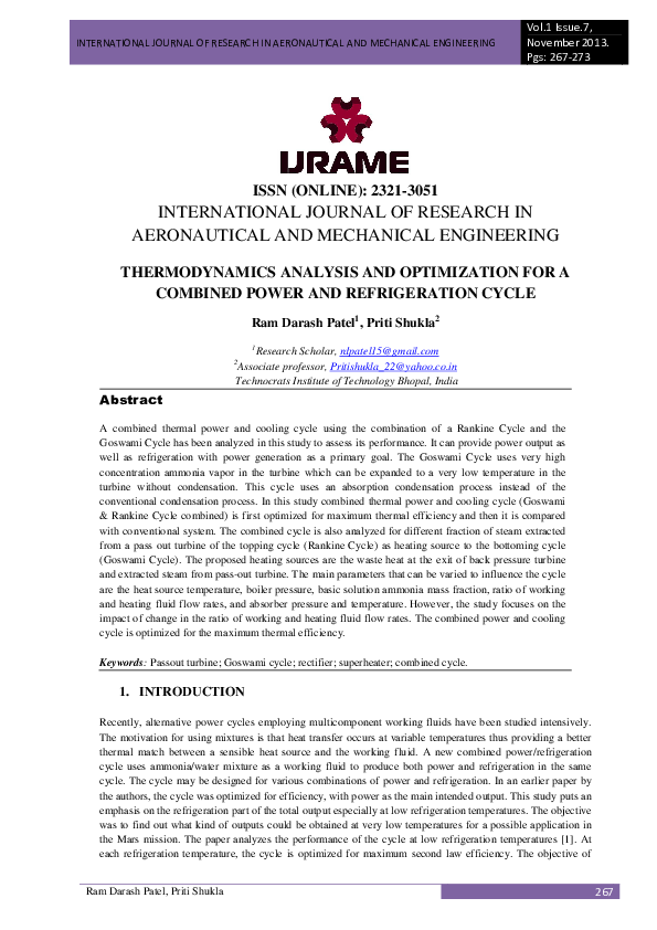 (PDF) THERMODYNAMICS ANALYSIS AND OPTIMIZATION FOR A COMBINED POWER AND ...