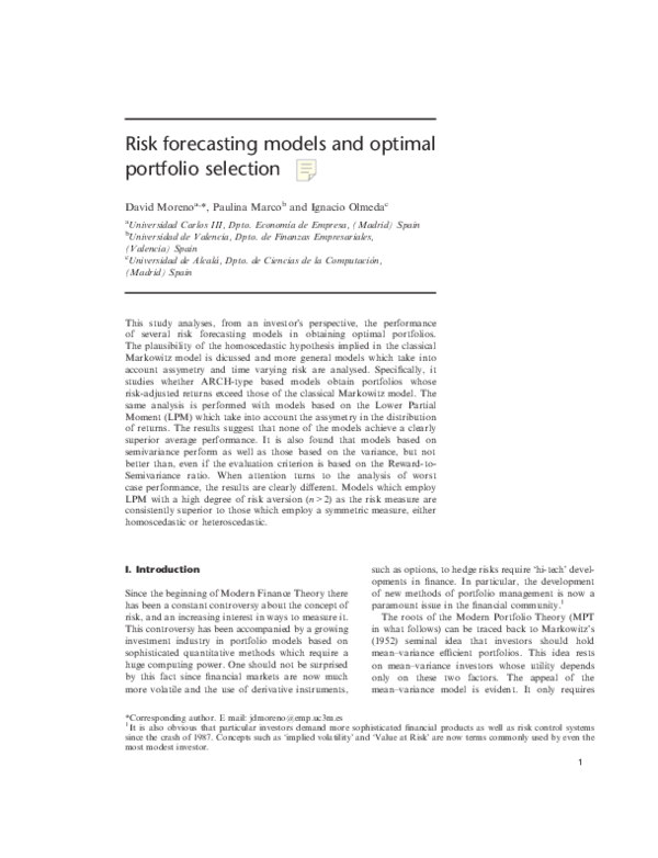 (PDF) Risk forecasting models and optimal portfolio selection
