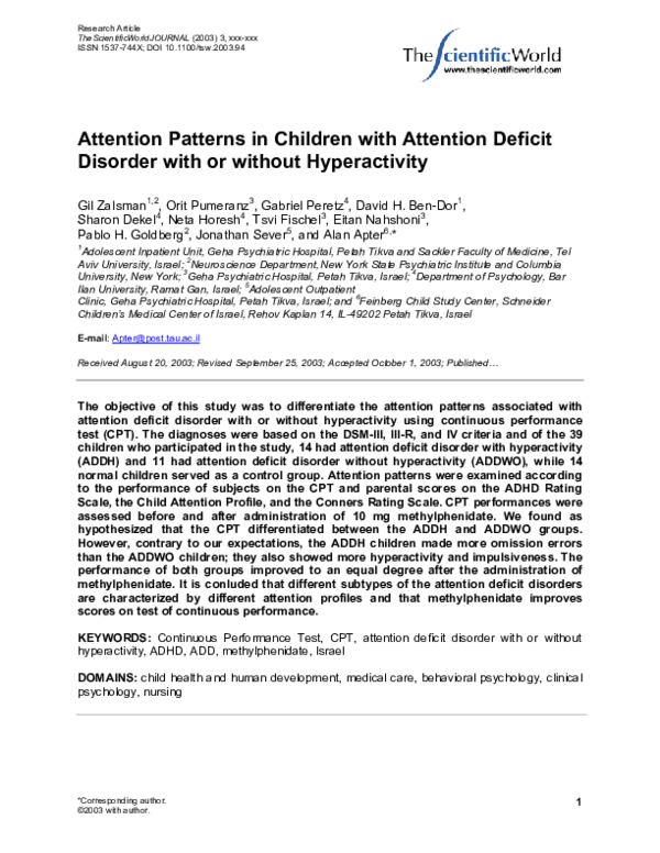 (PDF) Attention Patterns in Children with Attention Deficit Disorder ...