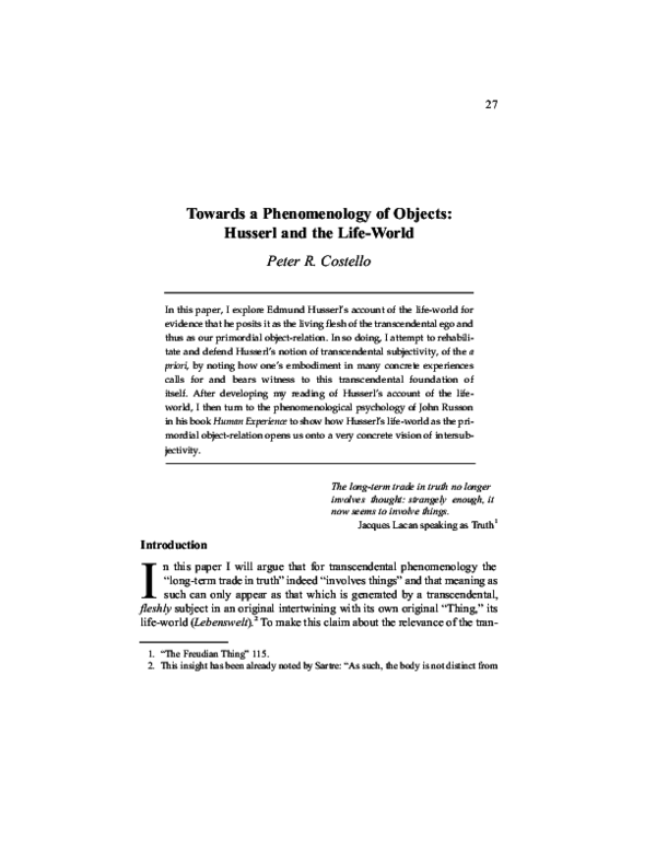 Pdf Toward A Phenomenology Of Objects Husserl And The Life World