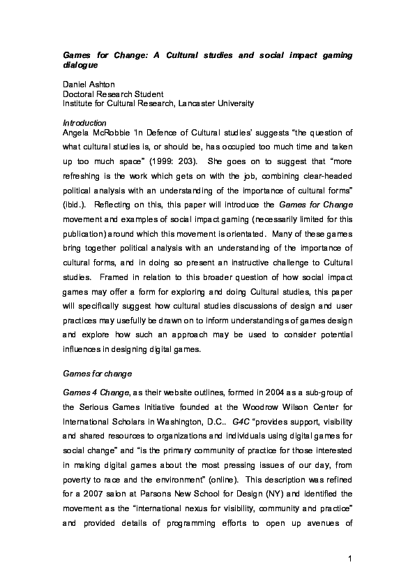 (PDF) Games for Change: A Cultural Studies and Social Impact Gaming ...
