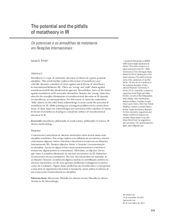 (PDF) The Potential and the Pitfalls of Metatheory in IR