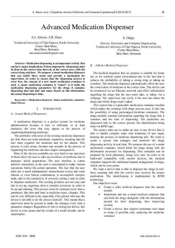 (PDF) Advanced Medication Dispenser, Carpathian Journal of Electronic ...