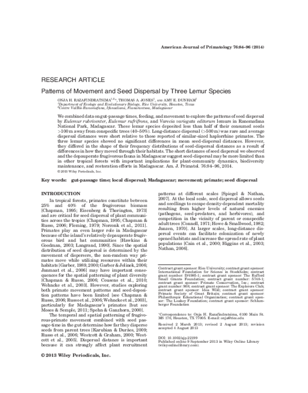 (PDF) Patterns of movement and seed dispersal by three lemur species