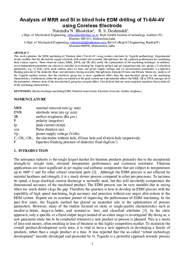 (DOC) Analysis of MRR and SI in blind hole EDM drilling of Ti6Al4V