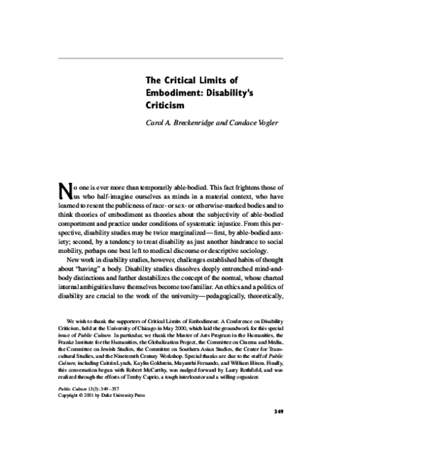 (PDF) The Critical Limits of Embodiment: Disability's Criticism