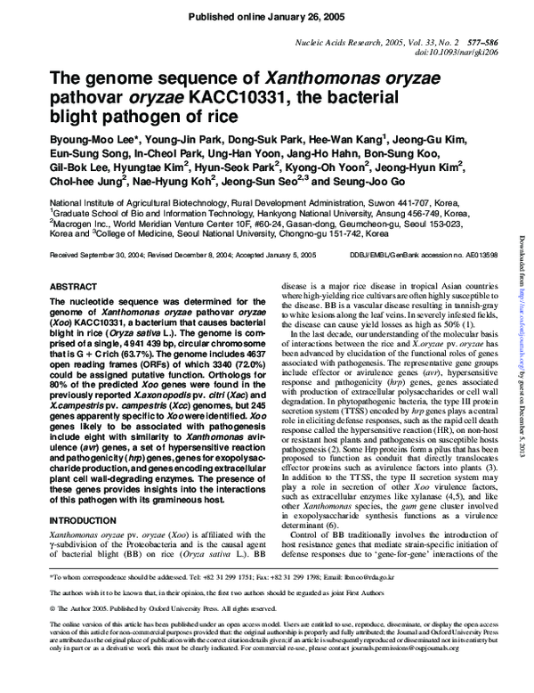 (PDF) The genome sequence of Xanthomonas oryzae pathovar oryzae ...