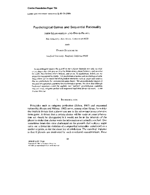 (PDF) Psychological Games and Sequential Rationality
