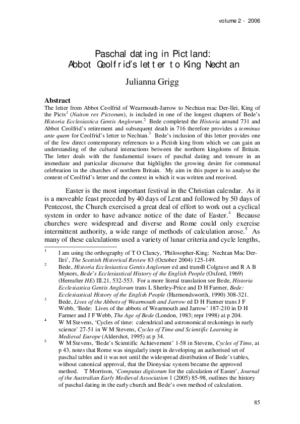 (PDF) Paschal dating in Pictland Abbot Ceolfrid’s letter to King Nechtan