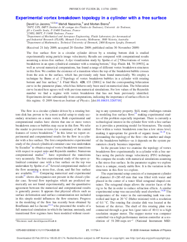 Pdf Experimental Vortex Breakdown Topology In A Cylinder With A Free