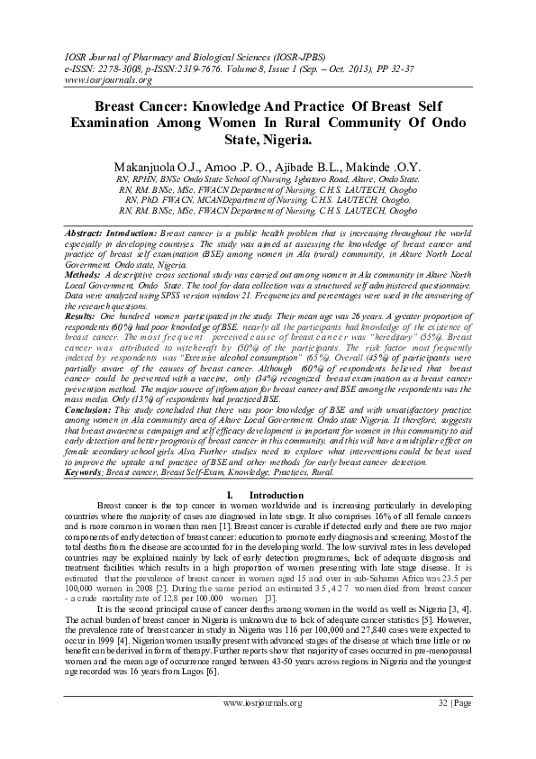 (PDF) Breast Cancer: Knowledge And Practice Of Breast Self Examination ...
