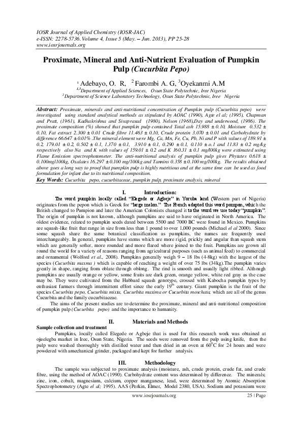 (PDF) Proximate, Mineral and Anti-Nutrient Evaluation of Pumpkin Pulp ...