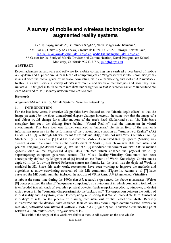 (PDF) A Survey of Mobile and Wireless Technologies for Augmented ...