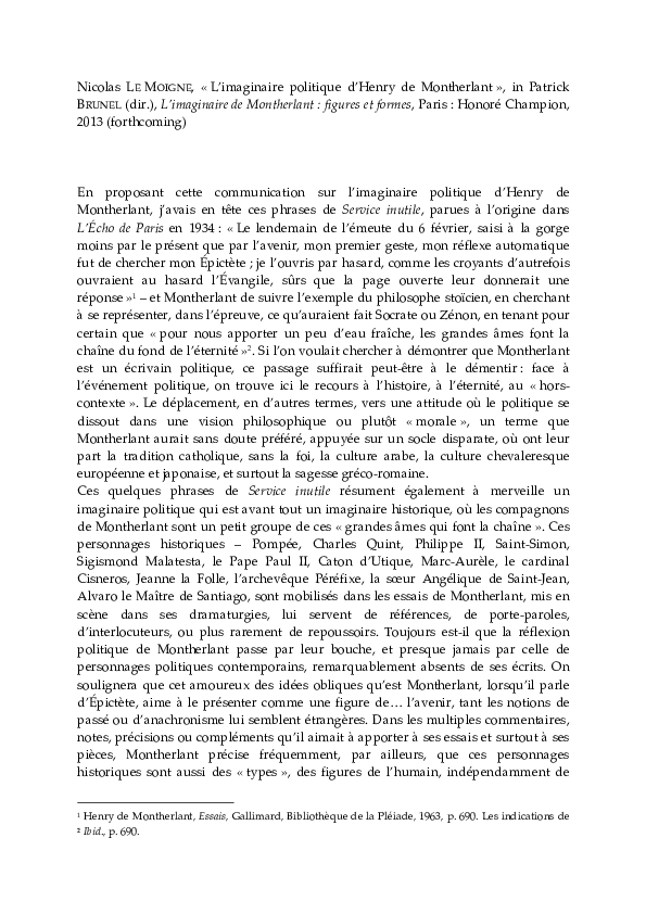 "Montherlant, écrivain politique?"