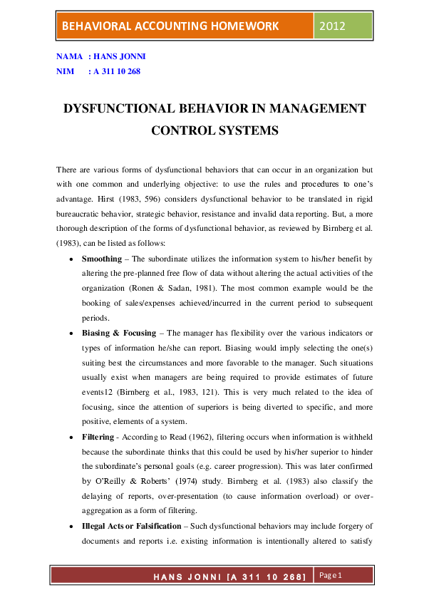 Dysfunctional behaviour essay picture