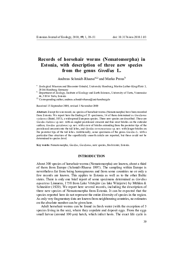 (PDF) Records of horsehair worms (Nematomorpha) in Estonia, with