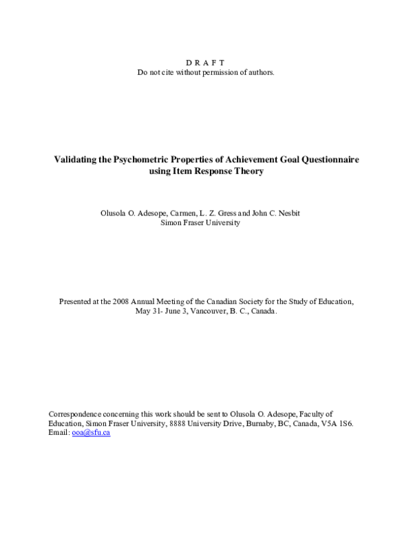 (PDF) Validating the Psychometric Properties of Achievement Goal ...
