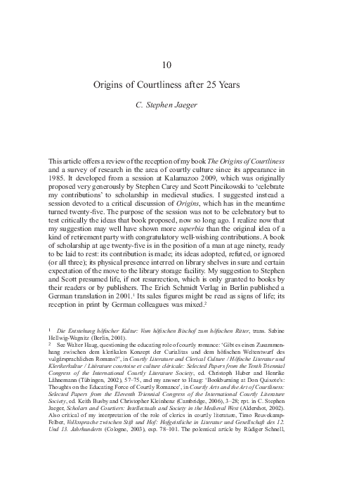 Pdf Origins Of Courtliness After 25 Years Stephen Jaeger Academia Edu