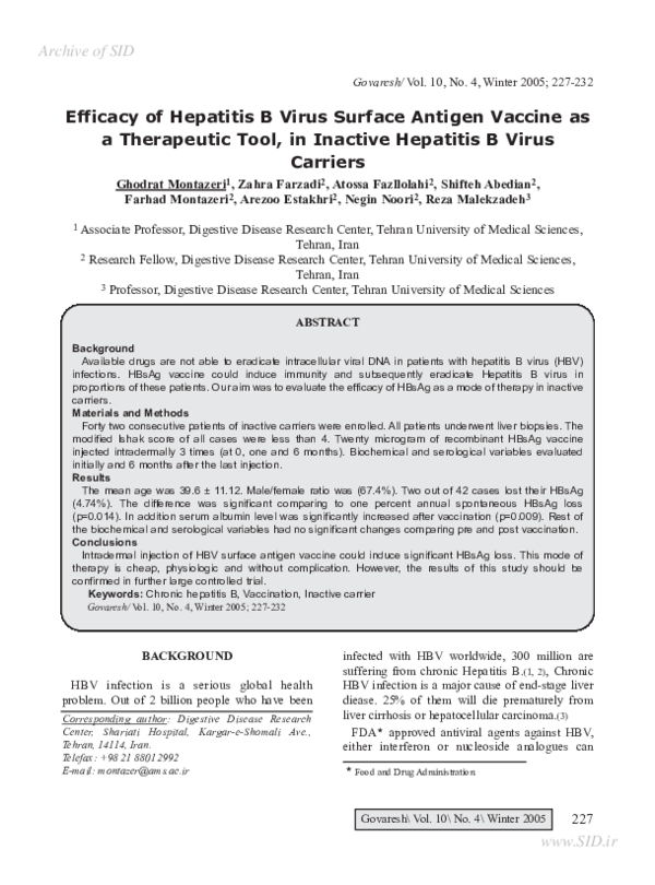 (PDF) Efficacy of Hepatitis B Virus Surface Antigen Vaccine As a ...
