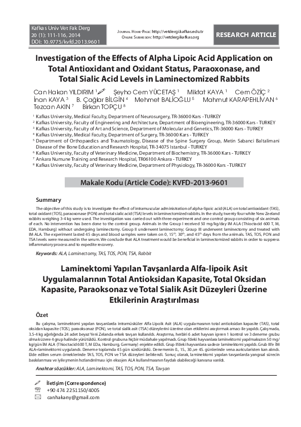 (PDF) Investigation of the Effects of Alpha Lipoic Acid Application on ...