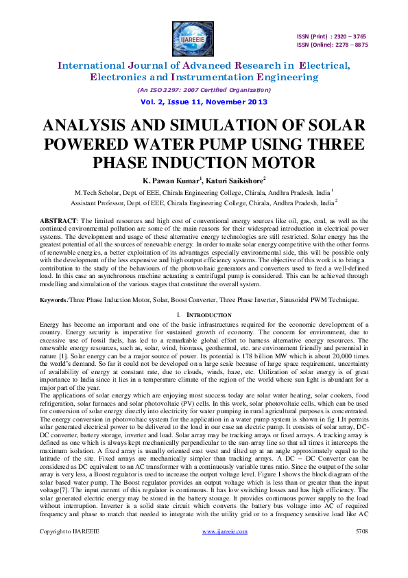 (PDF) ANALYSIS AND SIMULATION OF SOLAR POWERED WATER PUMP USING THREE ...