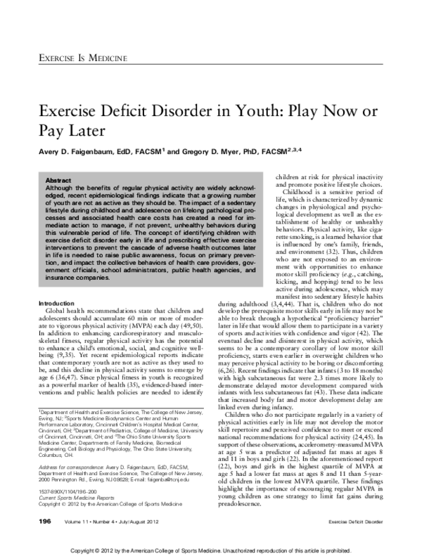 (PDF) Exercise Deficit Disorder in Youth: Play Now or Pay Later