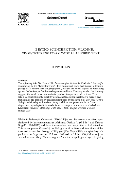 (PDF) Beyond Science Fiction Vladimir Odoevskij's The Year of 4338 as