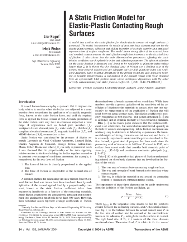 (PDF) A Static Friction Model for Elastic-Plastic Contacting Rough Surfaces