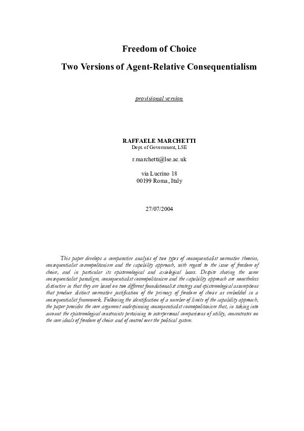 (PDF) Freedom of Choice Two Versions of AgentRelative Consequentialism