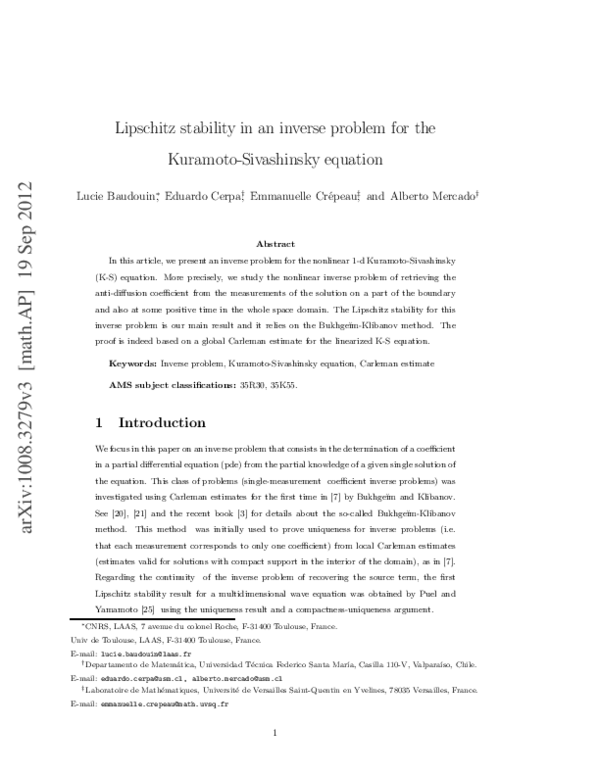 (PDF) Lipschitz stability in an inverse problem for the Kuramoto ...