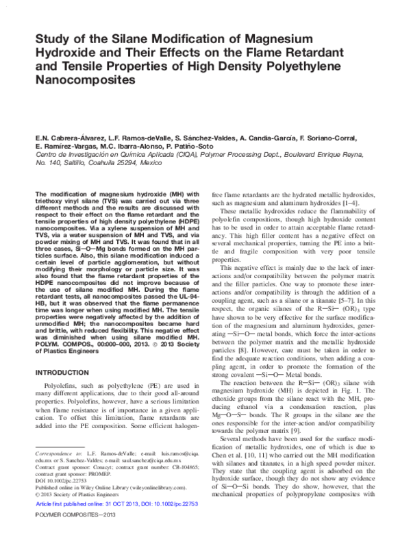 Pdf Study Of The Silane Modification Of Magnesium Hydroxide And Their Effects On The Flame Retardant And Tensile Properties Of High Density Polyethylene Nanocomposites Luis Ramos De Valle Academia Edu