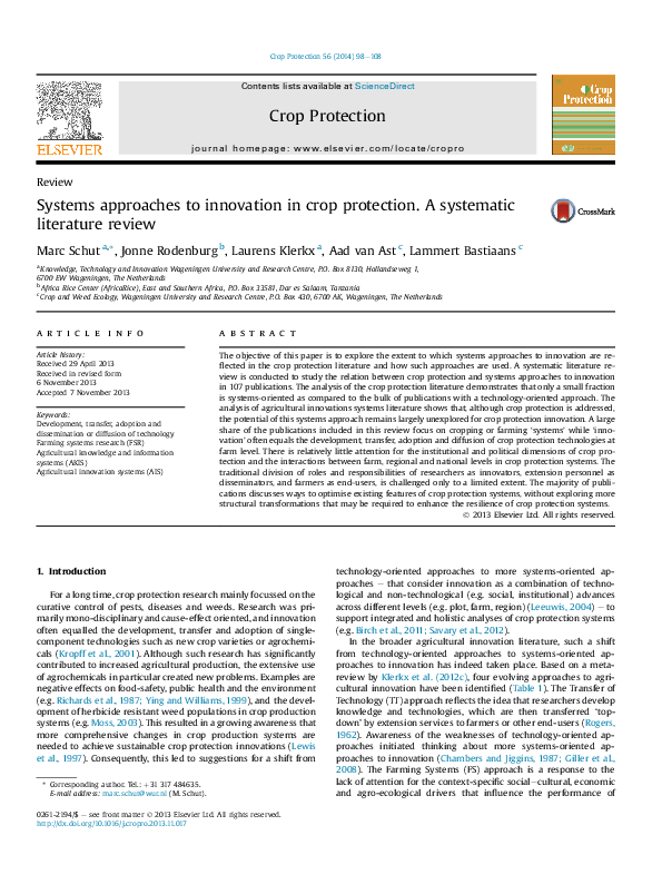 (PDF) Systems approaches to innovation in crop protection. A systematic