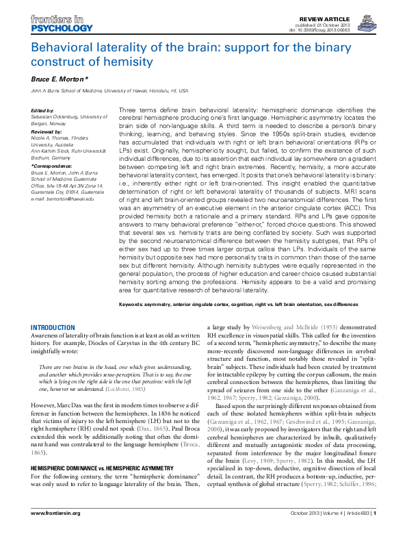 (PDF) Behavioral laterality of the brain: support for the binary ...