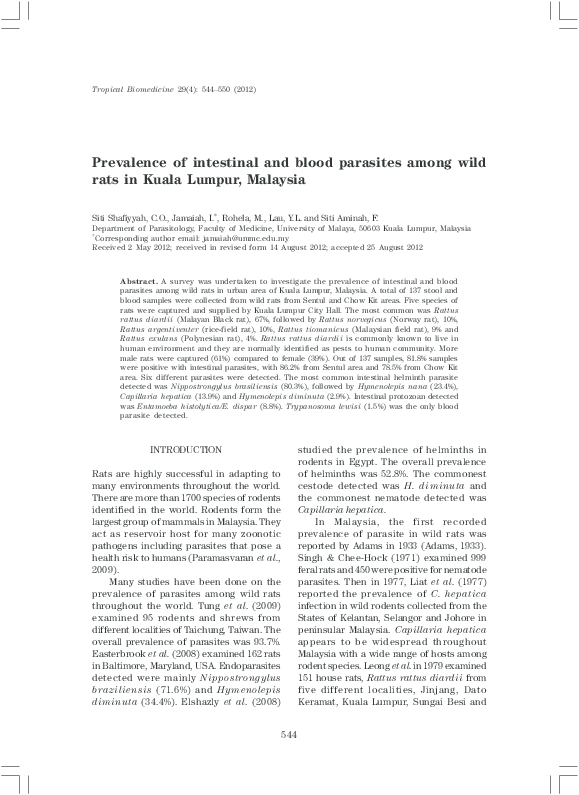 (PDF) Prevalence of intestinal and blood parasites among wild rats in ...
